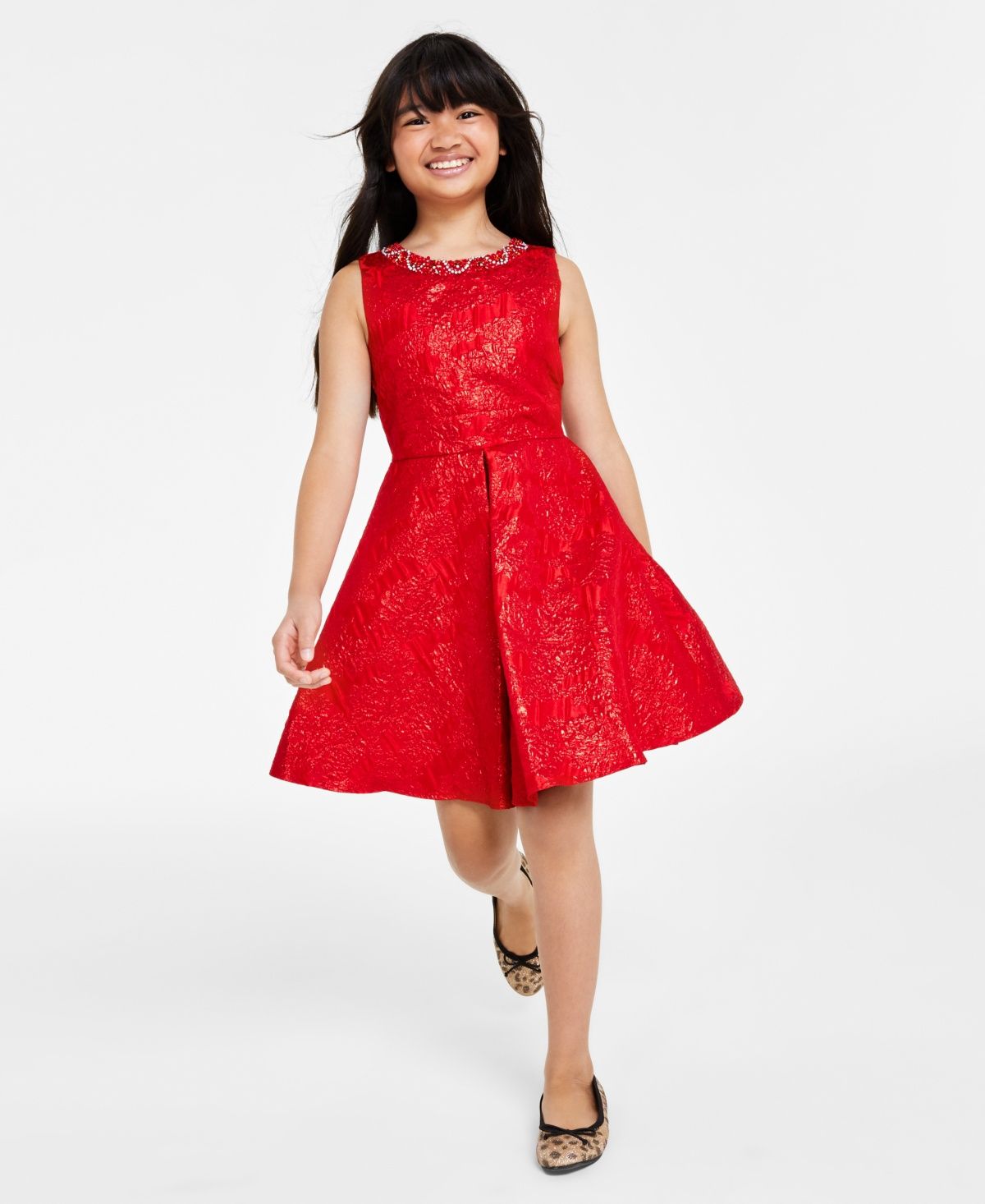 Rare Editions Big Girls Sleeveless Brocade with Jeweled Neckline Social Dress - Red