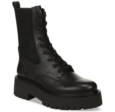 Sam Edelman Evina Black Leather Lace up Rounded Toe Chunky Heeled Ankle Boots (Black Leather 8.5)