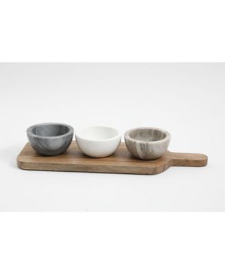 California Designs Marble and Mango Wood 4 Piece Condiment Divided Serving Dishes and Paddle Board Set