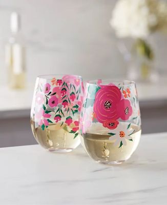 Cambridge Floral Bright Stemless Wine Glasses, Set of 2 - Multi