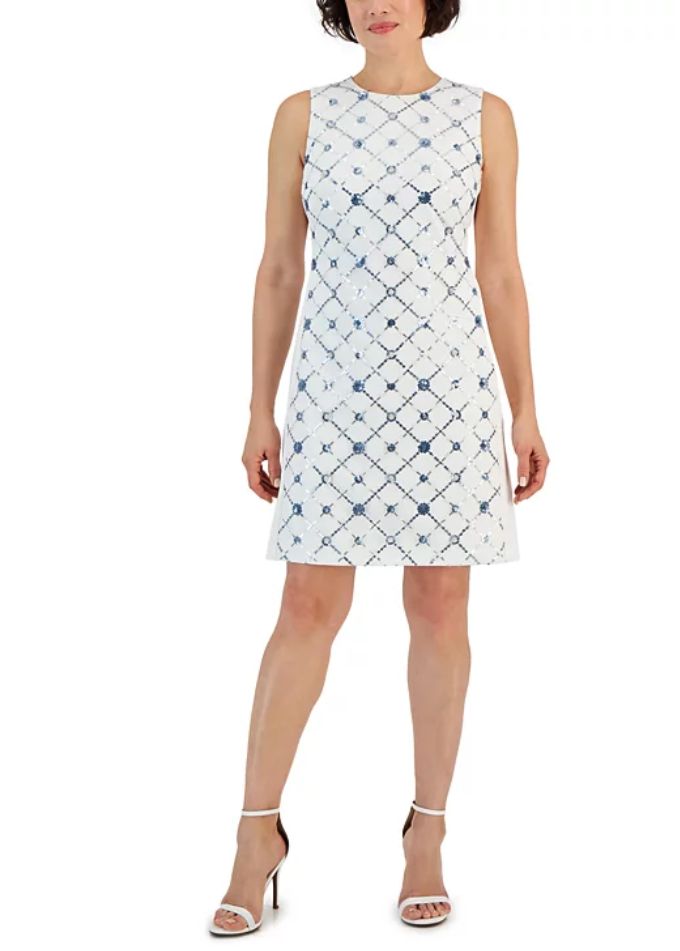 Anne Klein Womens Sequin-Front Sleeveles Anne WhiteCape Blue 12
