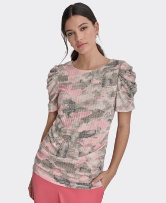 DKNY Petite Printed Crewneck Ruched Lt Fatig M PL