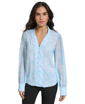 Calvin Klein Womens Printed V-Neck Blouse CoolCream XL
