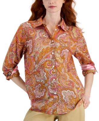 Nautica Jeans Womens Cotton Paisley-Print B Flame Orange Multi M