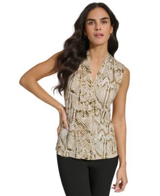 Calvin Klein Womens Printed Sleeveless V-N Stony Beige Multi XL
