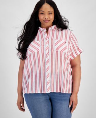 Tommy Hilfiger Plus Size Cotton Dobby Stripe Bright WhiteScarlet 0X