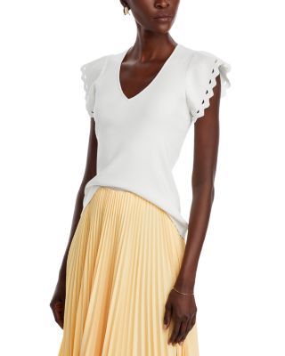 T Tahari Womens Ribbed V-Neck Flutter- White Star XL