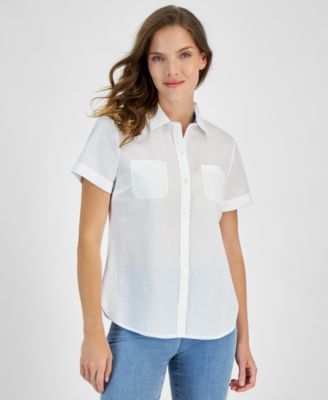 Nautica Jeans Womens Short-Sleeve Button-Fr Brt White L