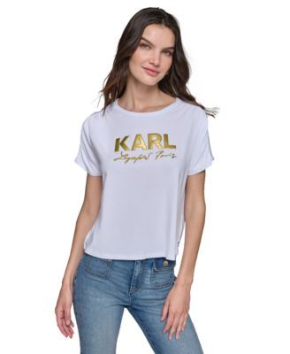 KARL LAGERFELD PARIS Womens Metallic-Logo Ruched-S Black XL