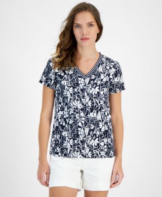 Nautica Jeans Womens Printed V-Neck Short-S Nigh Skyb S