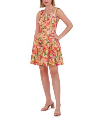 Vince Camuto Womens Floral Pleated-Sleeve Marigold 10