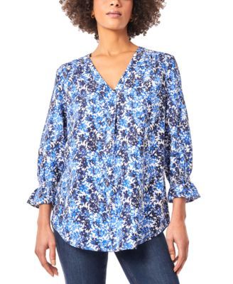 Jones New York Petite Linen-Blend V-Neck Plea NYC White Blue PM