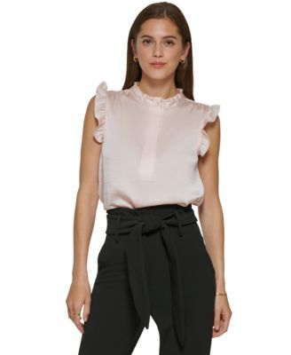DKNY Womens Solid Ruffled-Sleeve H Champagne M