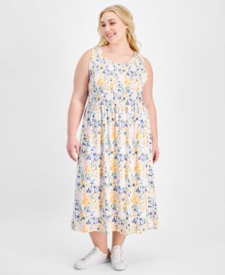 Tommy Hilfiger Plus Size Smocked-Bodice Flora Ivory Multi 0X