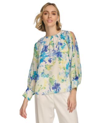 Calvin Klein Womens Floral-Print Gathered Pear Multi S