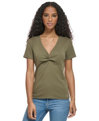 Calvin Klein Womens Twist Front V-Neck T-S Bayou XS