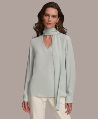 Donna Karan New York Womens Long Sleeve Tie-Neck B Blue Frost M