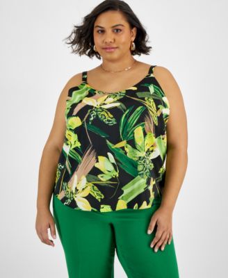 Bar III Plus Size Printed Cowlneck Cam BlackGreen 3X