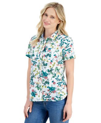 Nautica Jeans Womens Floral-Print Short-Sle Bright White Multi XS