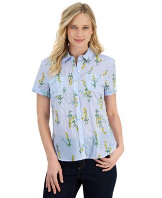 Nautica Jeans Womens Floral-Print Button-Do Yellow M