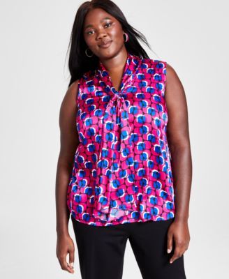 Bar III Plus Size Geo-Print Bow-Neck S Jazz Berry Multi 2X