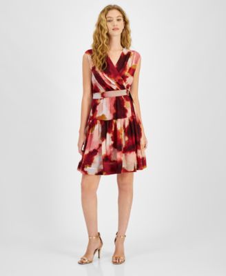 Taylor Womens Printed Chiffon Belted Rustic Red 2