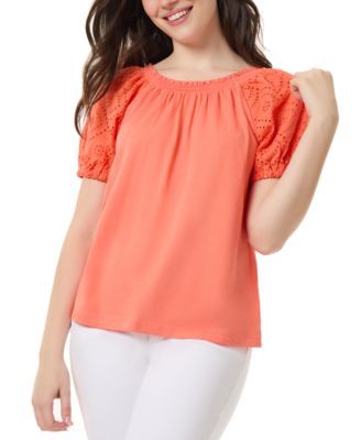 Jones New York Womens Smocked-Neck Mixed-Med Coral Sun S