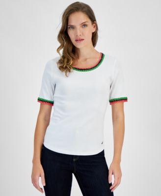 Nautica Jeans Womens Cotton Crochet-Trim Sh Brt White L