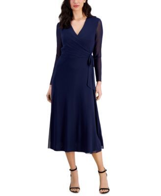 Anne Klein Womens Faux-Wrap Mesh-Sleeve Rich Camel S