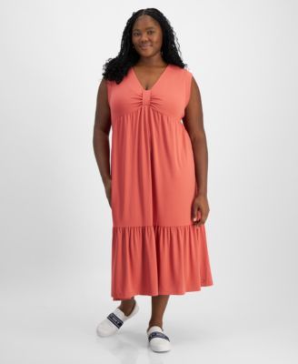 Tommy Hilfiger Plus Size Solid Tiered Sleevel Mineral Red 1X