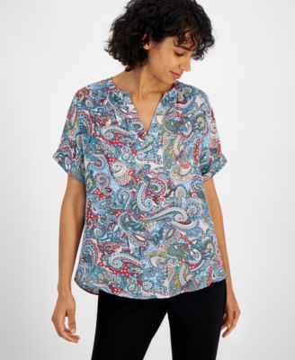 T Tahari Womens Printed Split-Neck Rol Blue Tile XL