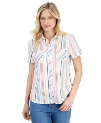 Nautica Jeans Womens Getaway Striped Button White XS