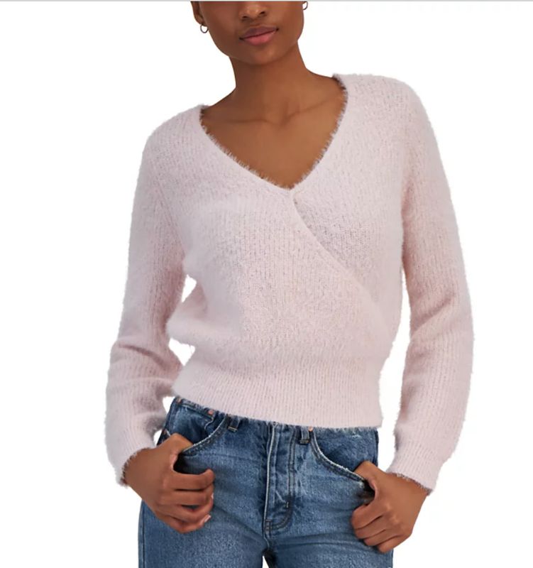 Derek Heart Juniors' Surplice-Neck Long-Sleeve Sweater - Ballet Slipper