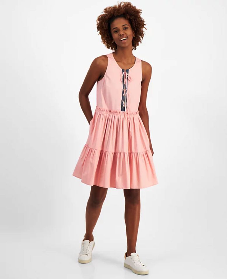 Nautica Jeans Women&#39;s Lace-up Tiered Ruffled Sleeveless Dress - Bridal Ros