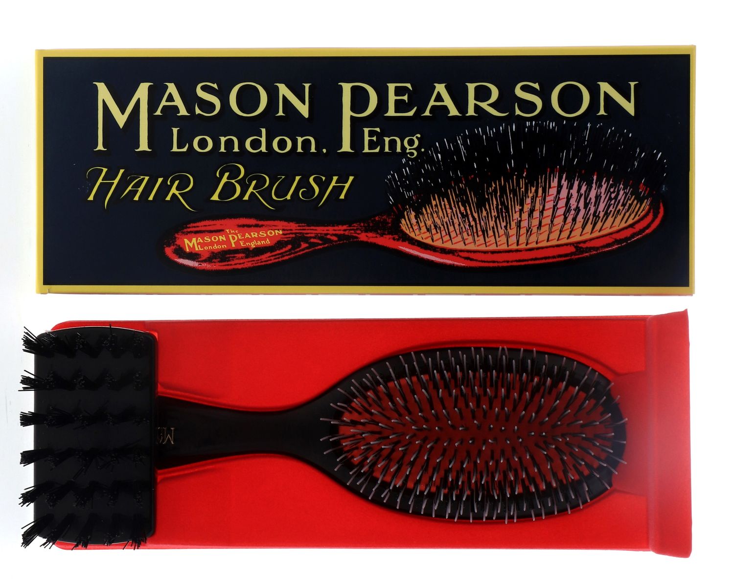 Mason Pearson Large Popular Bristle and Nylon Brush - BN1 Dark Ruby - 2 Pc Hair Brush and Cleaning Brush