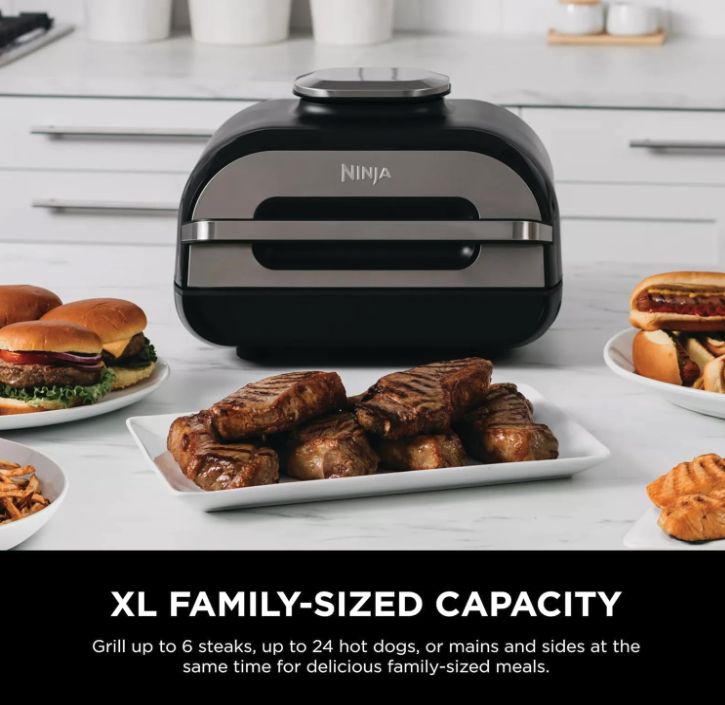 Ninja FG551 Foodi Smart XL 6-in-1 Indoor Grill with 4-Quart Air Fryer Roast Bake Dehydrate Broil and Leave-in Thermometer, with Extra Large Capacity, and a stainless steel Finish