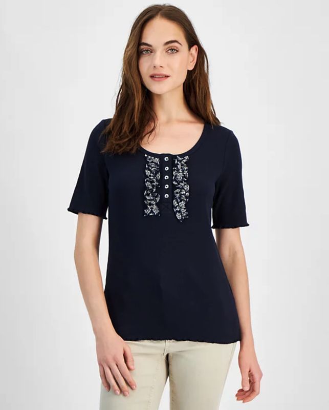 Nautica Jeans Women&#39;s Ribbed Short-Sleeve Top - Night Sky