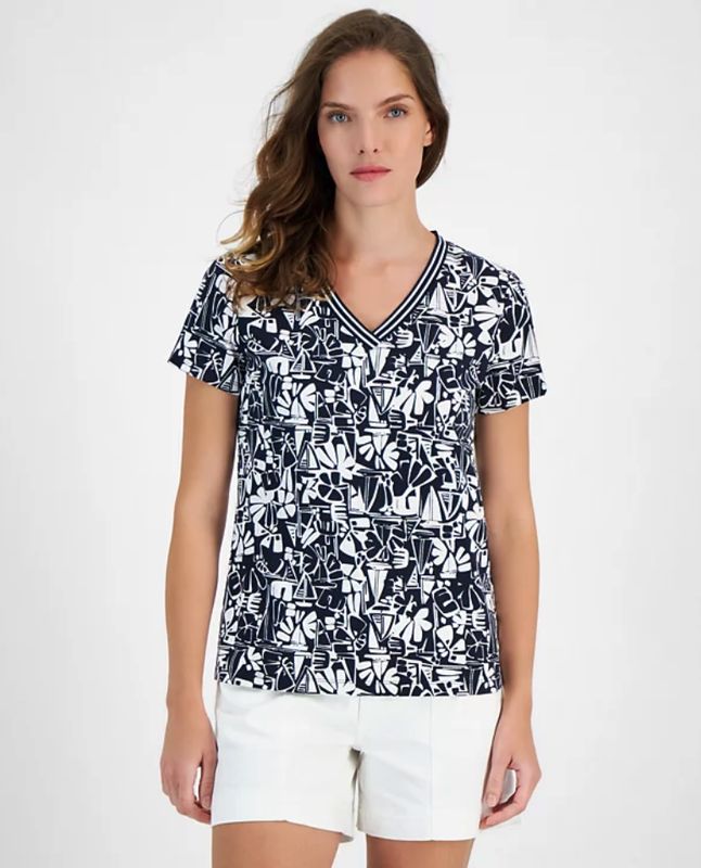 Nautica Jeans Womens Printed V-Neck Short-S Nigh Skyb M