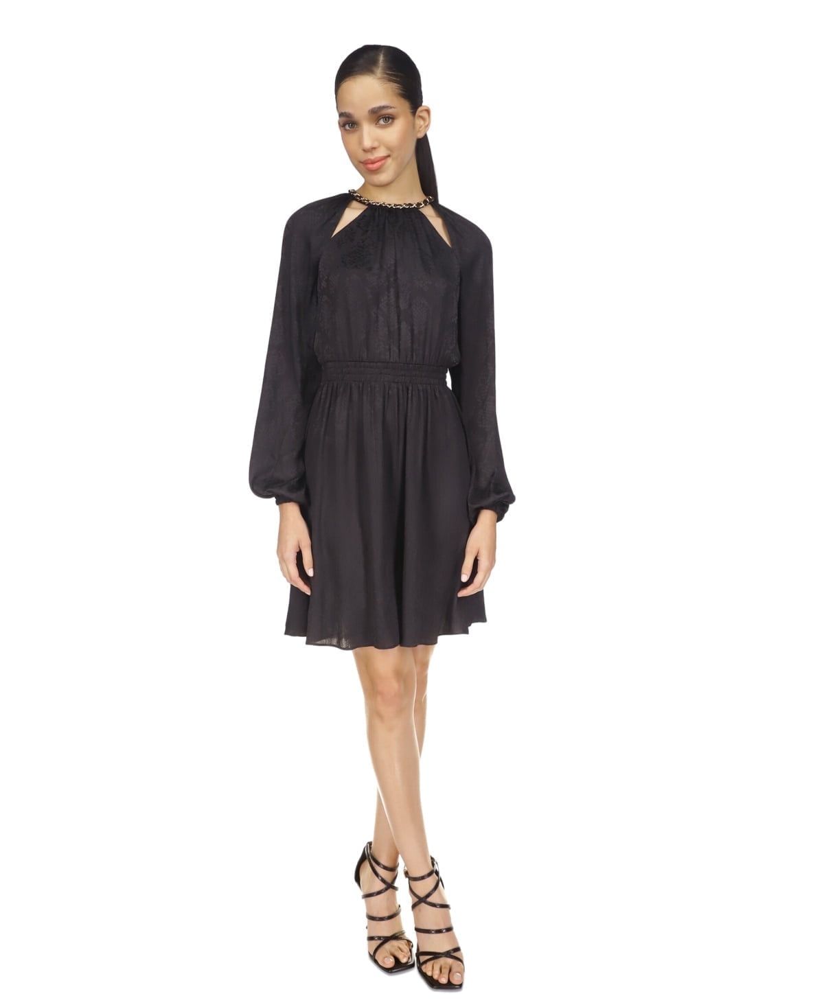 Michael Michael Kors Women&#39;s Snakeskin-Print Plisse Long-Sleeve Dress, Regular &amp; Petite - Black
