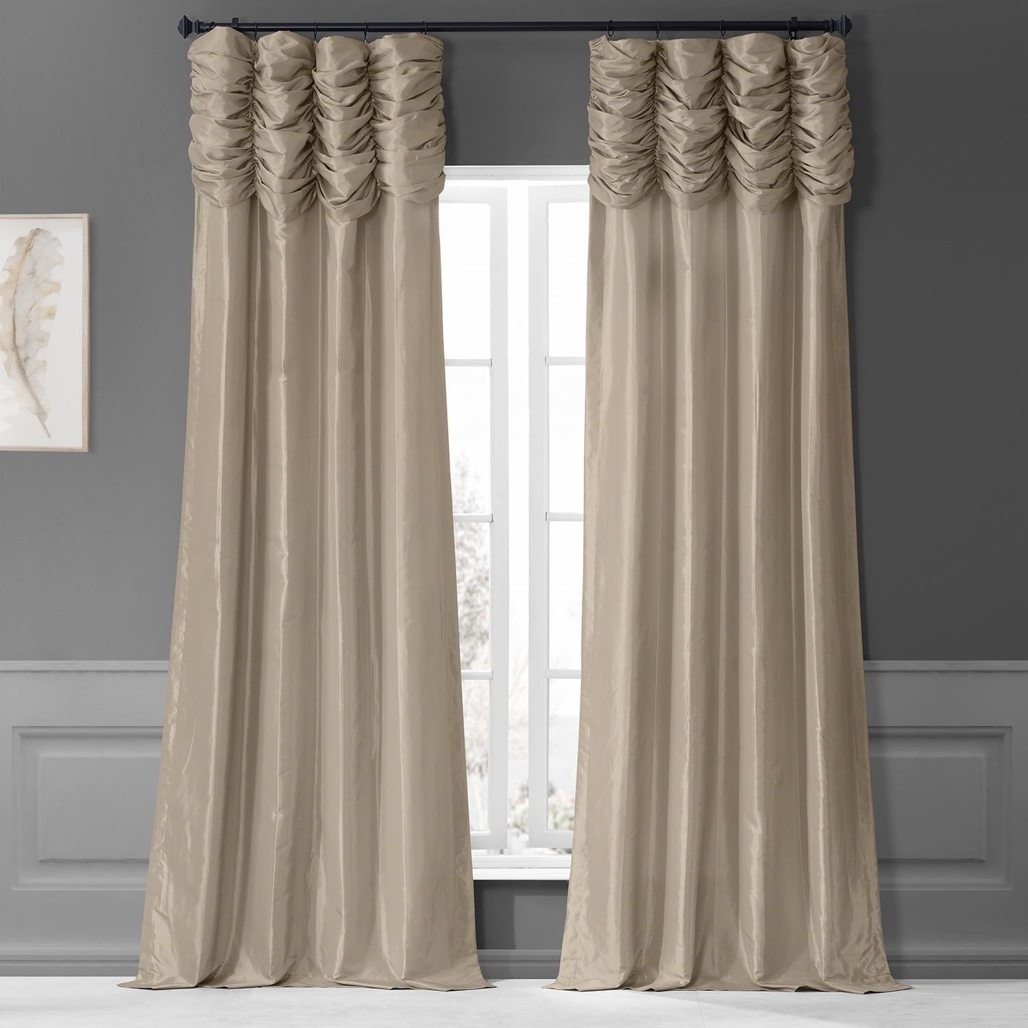 Antique Beige Ruched Room Darkening Faux Solid Taffeta Curtain - 50 in. W X 120 in. L (1 Panel)