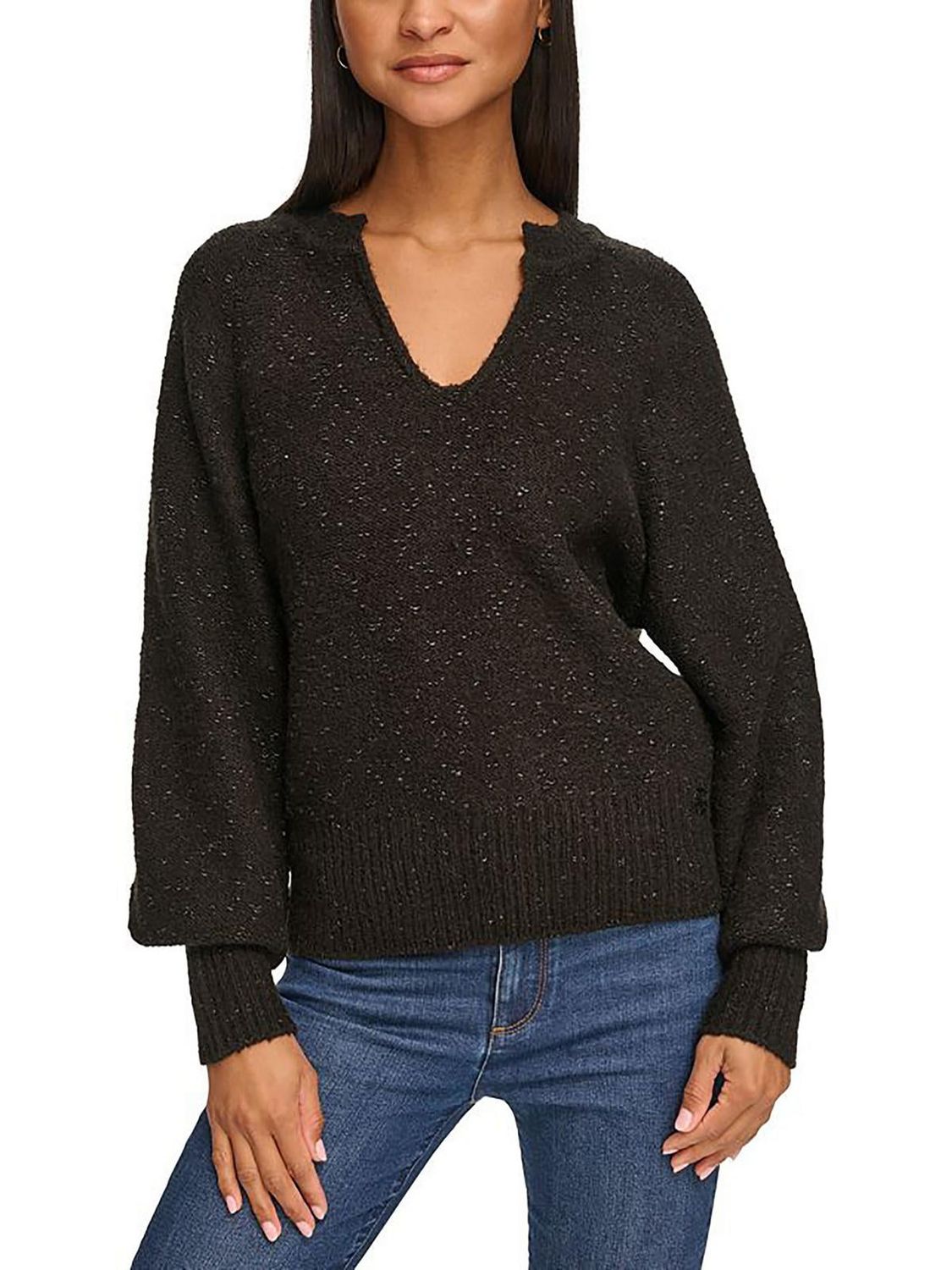 Karl Lagerfeld Paris Women&#39;s Metallic Split-Neck Sweater - Black/ Black