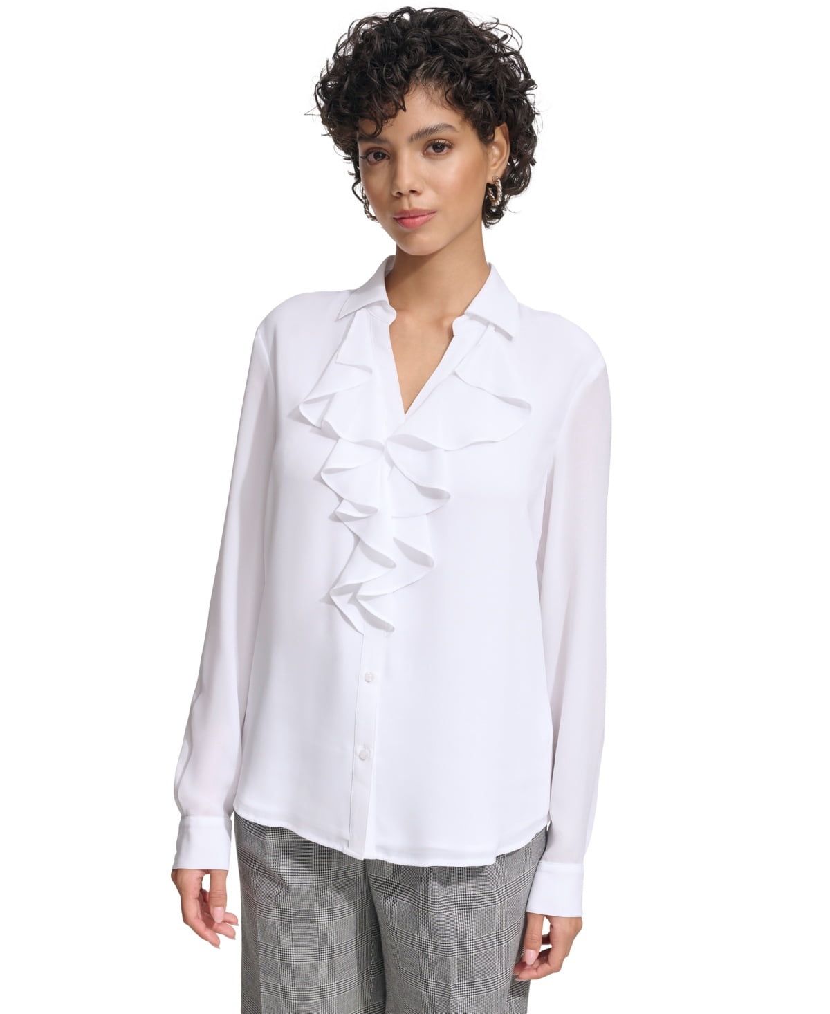 Calvin Klein Women&#39;s Ruffle-Front Long-Sleeve Shirt - White