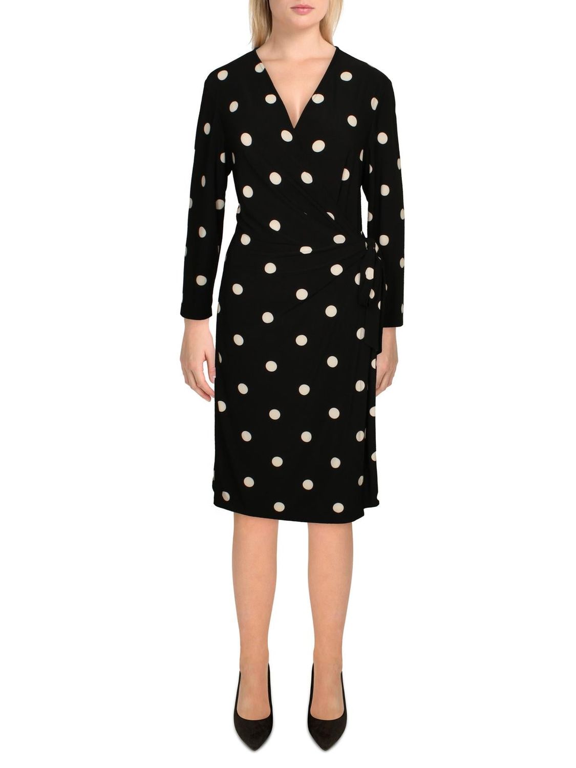 Anne Klein Women&#39;s Dot Print Faux Wrap Dress in Anne Black/Anne White Size Large