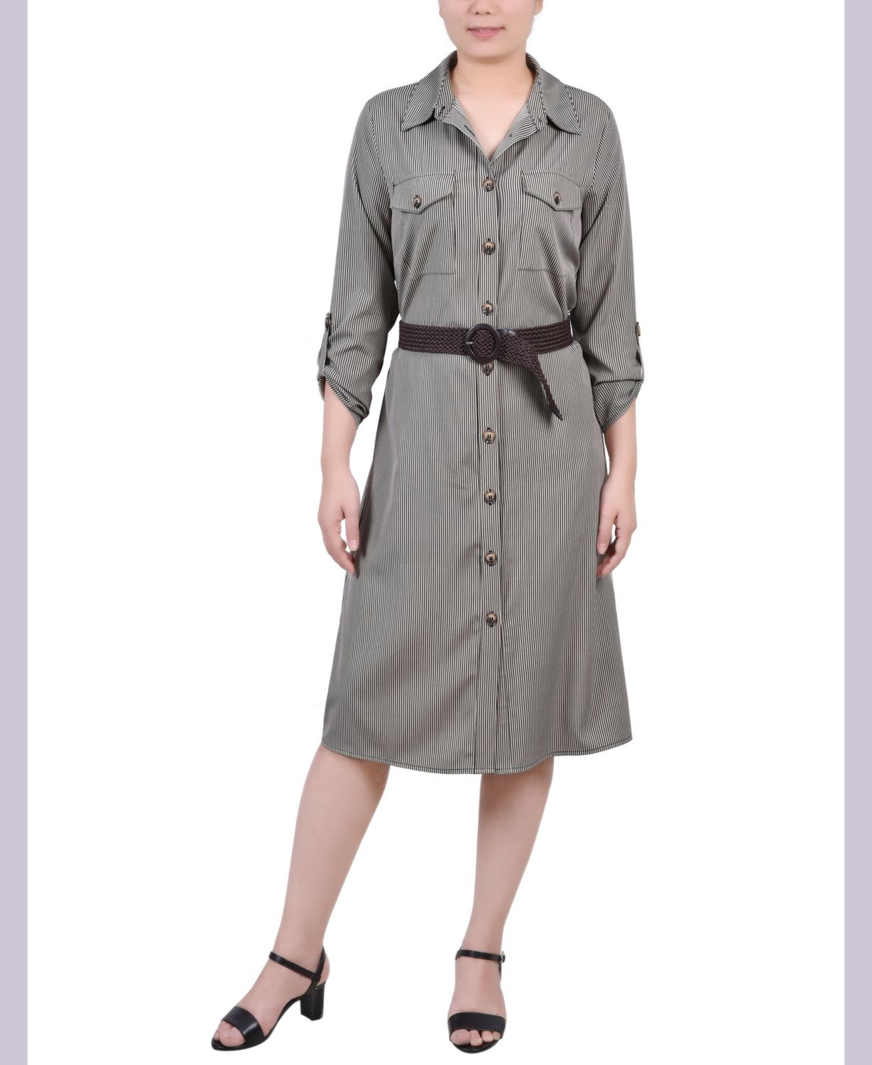 Ny Collection Petite 3/4 Roll Tab Sleeve Shirtdress - Dynamic Torterella