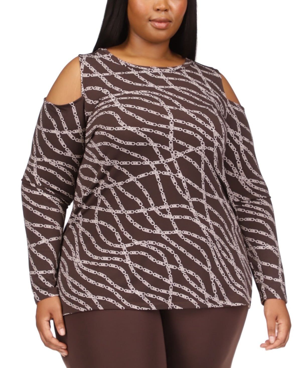 Michael Michael Kors Plus Size Chain-Print Cold-Shoulder Top - Chocolate