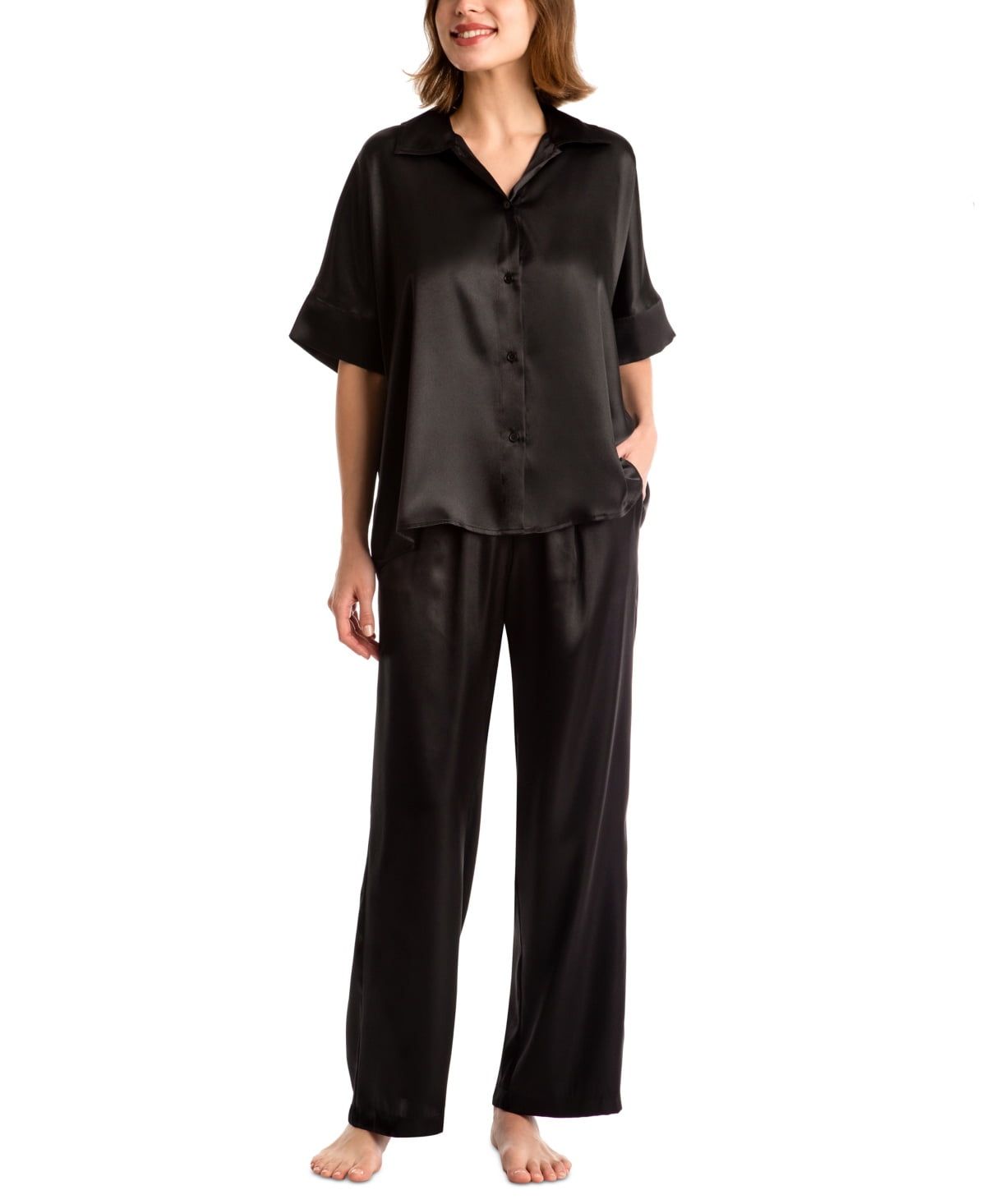 Linea Donatella Women&#39;s 2-Pc. Satin Button-Front Pajamas Set - Black