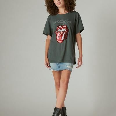Lucky Brand Rolling Stones Sequins Boyfriend Tee - Women&#39;s Clothing Tops Shirts Tee Graphic T Shirts in Pirate Black, Size XS