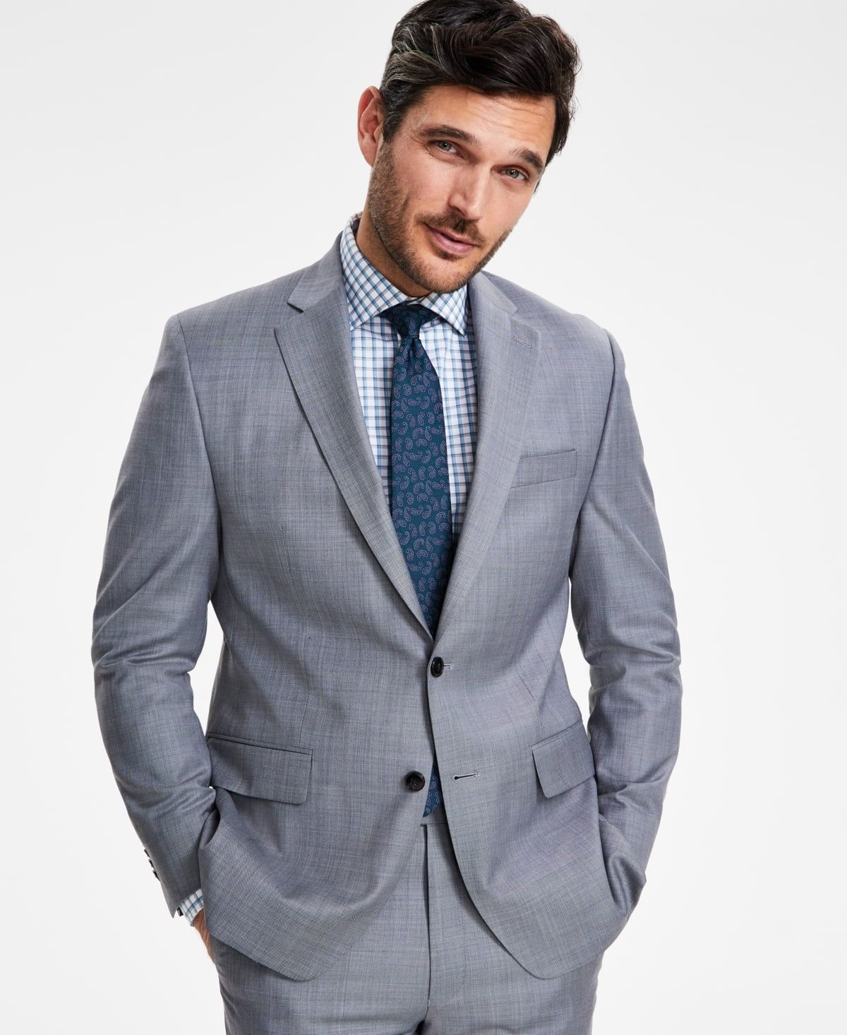 Michael Kors Men&#39;s Classic-Fit Wool-Blend Stretch Solid Suit Jacket - Light Grey