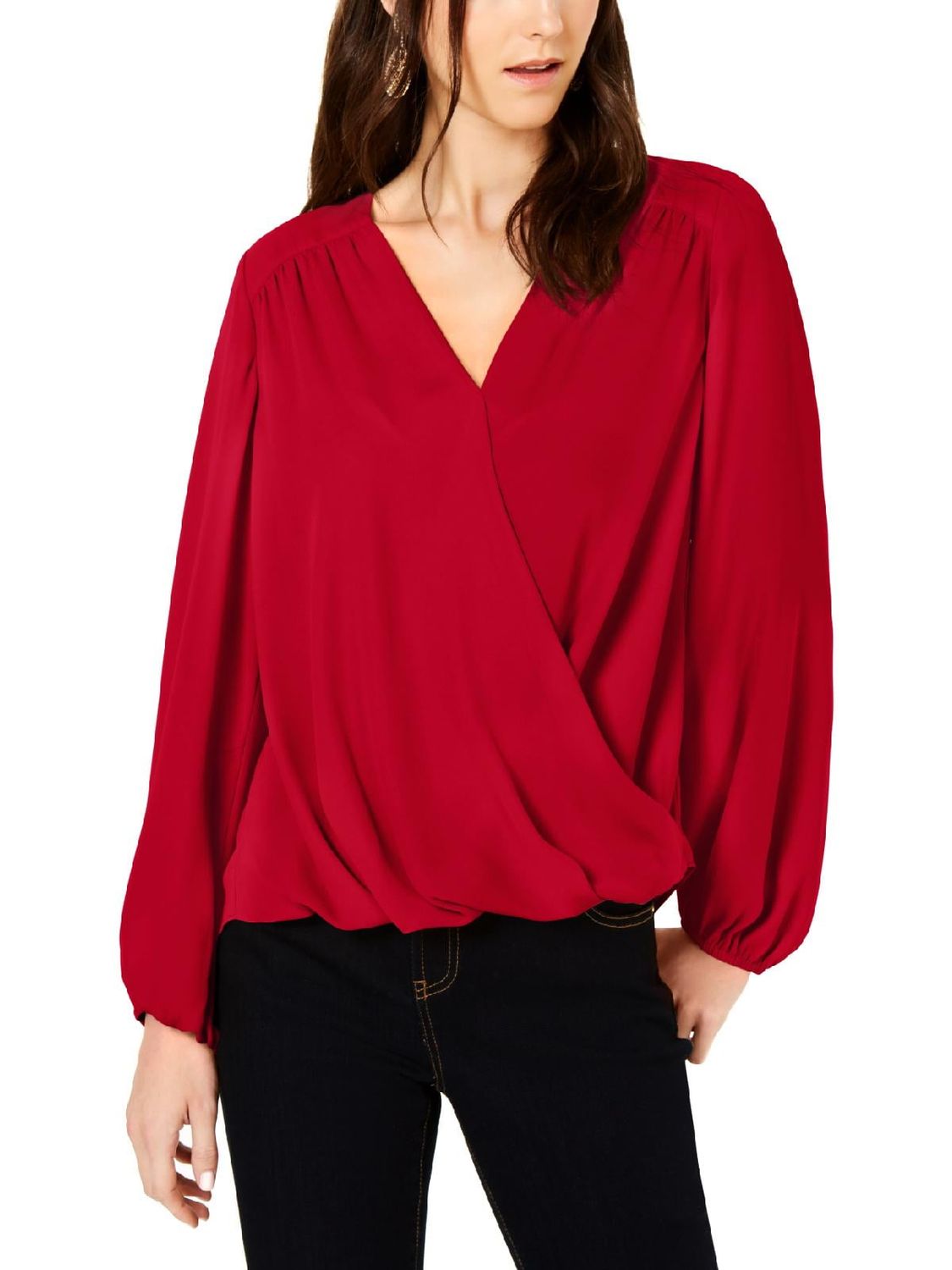 INC Womens V Neck Long Sleeves Blouse Red L