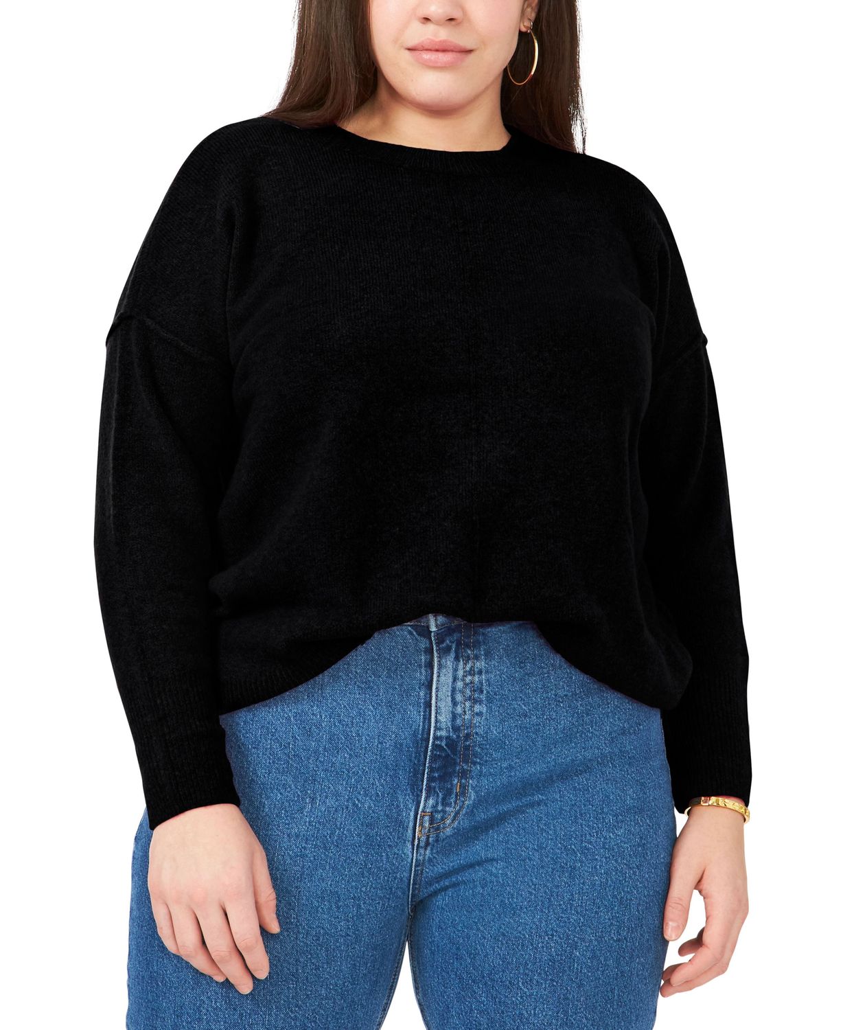 Vince Camuto Plus Size Cozy Long Sleeve Extend Shoulder Sweater - Rich Black